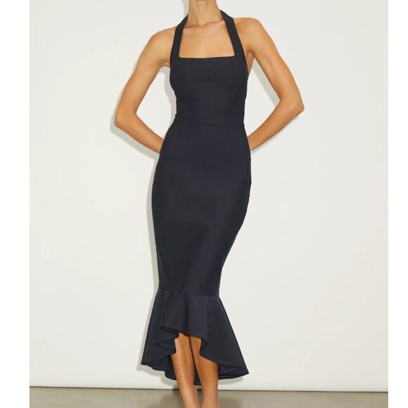 Lulus NWOT Londa Dark Navy Blue Halter Neck Trumpet Bodycon Knit Midi Dress XS - Picture 1 of 10